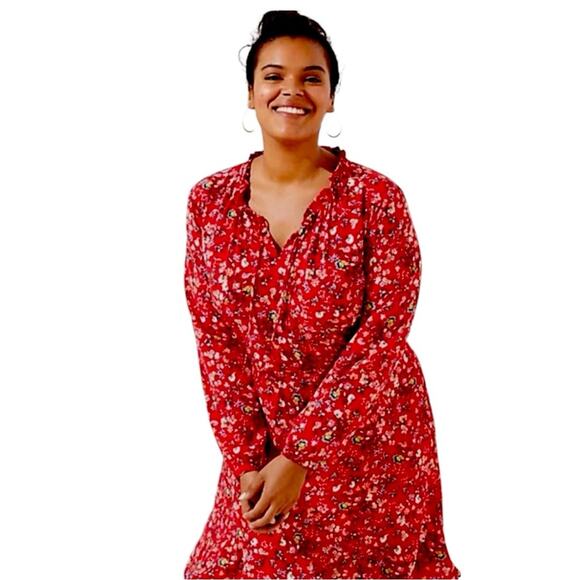 LOFT Plus Dress A-line Long Sleeve Ruffle Button Neck Red Floral Women’s Size 18 - Picture 13 of 13
